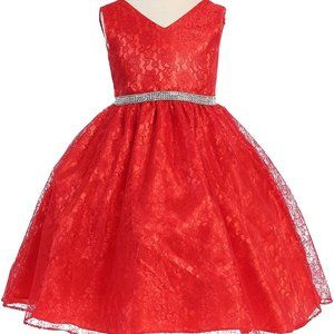 NWT Red Floral lave overlay, rhinestone belt dress